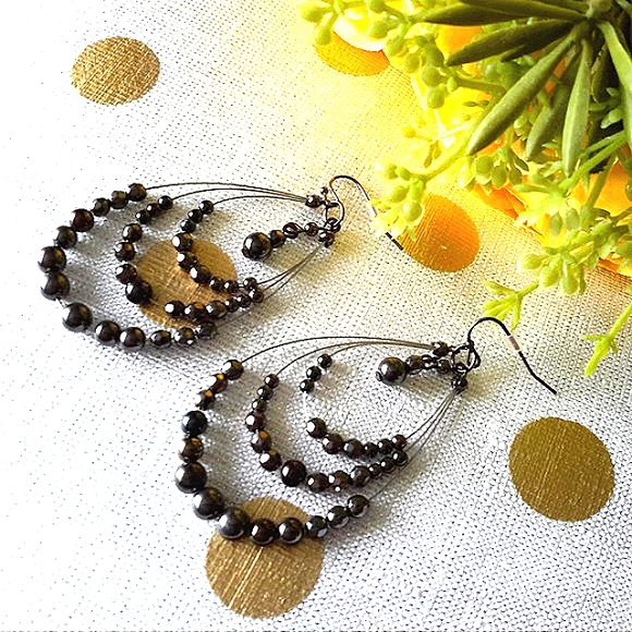 Black Beaded TRIPLE LOOP Hoop Pierced Earrings 3" Bohemian Tierred Layered - Picture 3 of 3